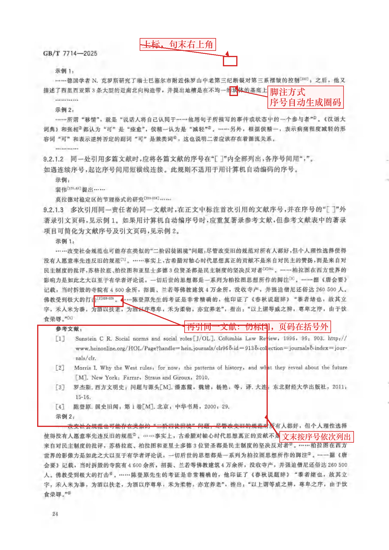 国标示例页:上标、圈码与文末清单的对应关系(红框为本文所加)