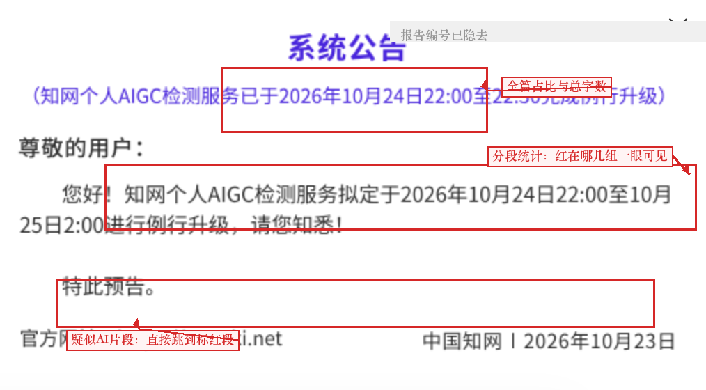 个人端自测报告:五段一组的分段统计与疑似片段(报告编号已隐去,红框为本文所加)